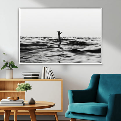 69541918-MGV-FC-36X24_White-Black White Ocean Wall Art Canvas Print, Framed Moody Seascape Art Picture Print, Surfer Sign Perfect Moody Minimalist Decor