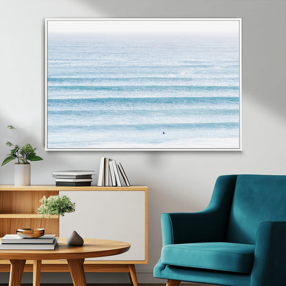 77145995-MGV-FC-36X24_White-Ocean Simplicity Wall Art Canvas Print, Framed Surfer on Water Art Picture Print, Light Blue Perfect Coastal Minimalist Decor