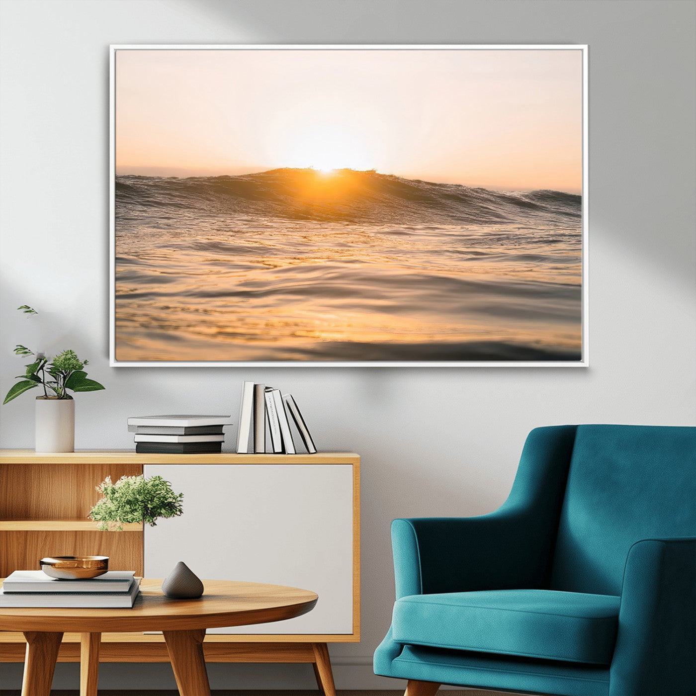 16973771-MGV-CV-36X24-Calm Water Wall Art Canvas Print, Framed Sunset Waves Art Picture Print, Coastal Warmth Perfect Warm Minimalist Decor Artwork