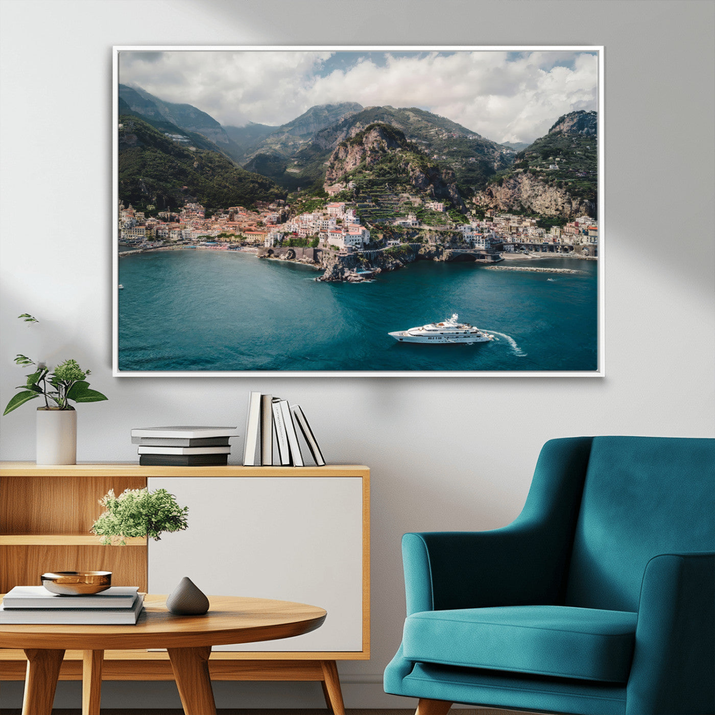 20321590-MGV-FC-36X24_White-Amalfi Coast Wall Art Canvas Print, Framed Italy Travel Art Picture Print, Mediterranean Landscape Perfect Mediterranean Coastal