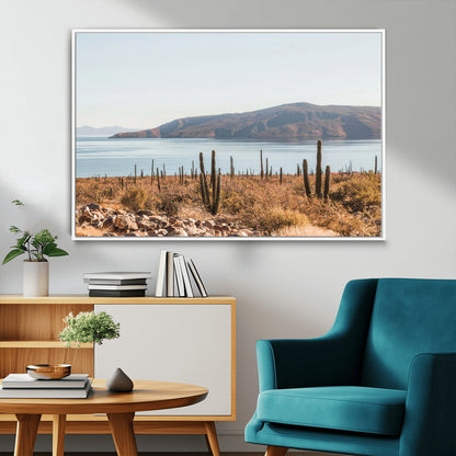 45193515-MGV-CV-36X24-Desert Cactus Wall Art Canvas Print, Framed Baja Coastline Art Picture Print, Coastal Desert Perfect Southwestern Minimalist Decor