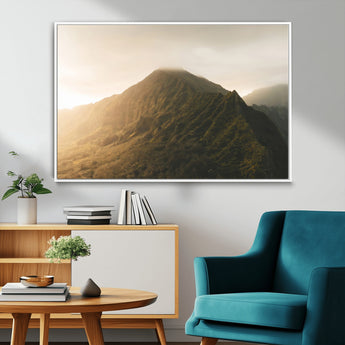42338636-MGV-CV-36X24-Golden Mountain Wall Art Canvas Print, Framed Misty Summit Art Picture Print, Rugged Landscape Perfect Moody Wilderness Decor