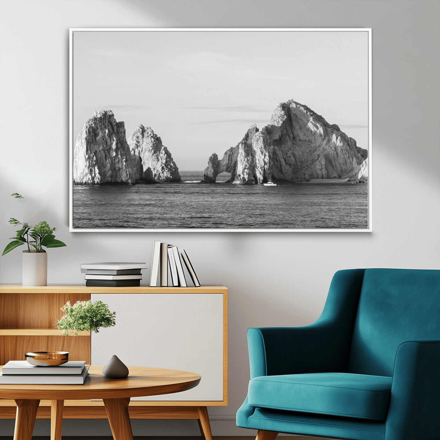 18810731-MGV-FC-36X24_White-Rugged Coastline Wall Art Canvas Print, Framed Ocean Cliffs Art Picture Print, Monochrome Seascape Perfect Coastal Minimalist