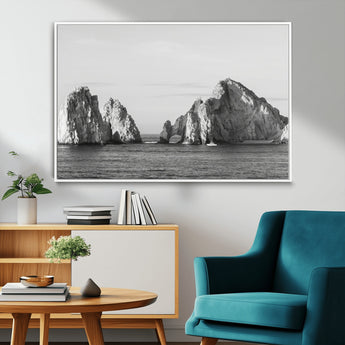 18810731-MGV-FC-36X24_White-Rugged Coastline Wall Art Canvas Print, Framed Ocean Cliffs Art Picture Print, Monochrome Seascape Perfect Coastal Minimalist