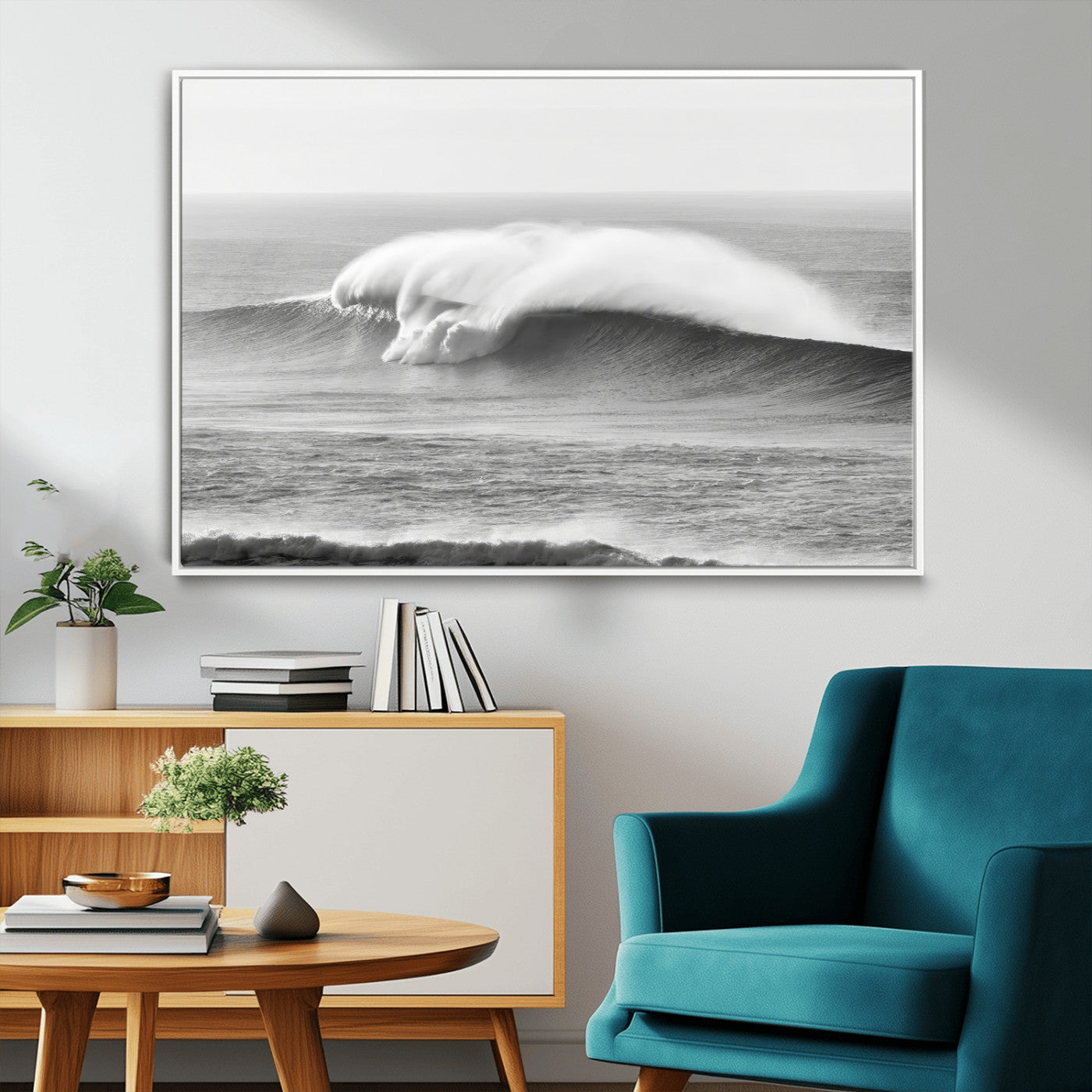 42544082-MGV-CV-36X24-Monochrome Seascape Wall Art Canvas Print, Framed Surf Wave Art Picture Print, Minimalist Ocean Perfect Moody Coastal Decor