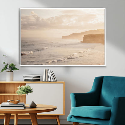 57669769-MGV-FC-36X24_White-Misty Coastal Wall Art Canvas Print, Framed Golden Sunset Art Picture Print, Serene Shoreline Perfect Tranquil Coastal Decor