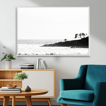 40875891-MGV-CV-36X24-SurferCliffs Wall Art Canvas Print, Framed Black White Beach Art Picture Print, Ocean Waves Perfect Minimalist Coastal Decor