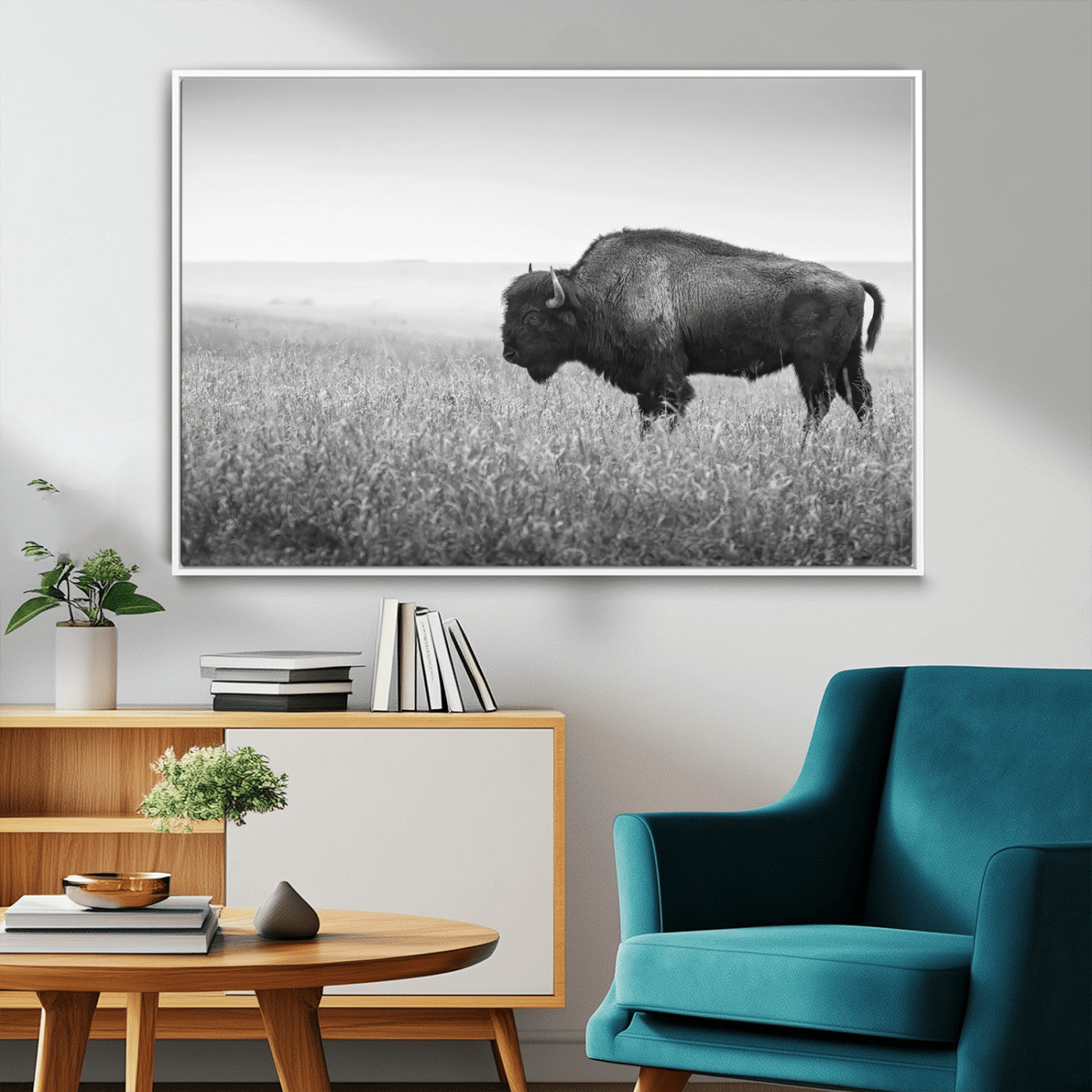 28435251-MGV-CV-36X24-Bison In Prairie Wall Art Canvas Print, Framed Rustic Wildlife Art Picture Print, Wild Buffalo Perfect Rustic Western Decor