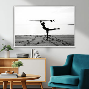 28441356-MGV-CV-36X24-Yoga Surf Wall Art Canvas Print, Framed Black White Shore Art Picture Print, Peaceful Ocean Perfect Minimalist Coastal Decor