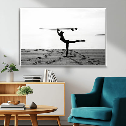 28441356-MGV-CV-36X24-Yoga Surf Wall Art Canvas Print, Framed Black White Shore Art Picture Print, Peaceful Ocean Perfect Minimalist Coastal Decor
