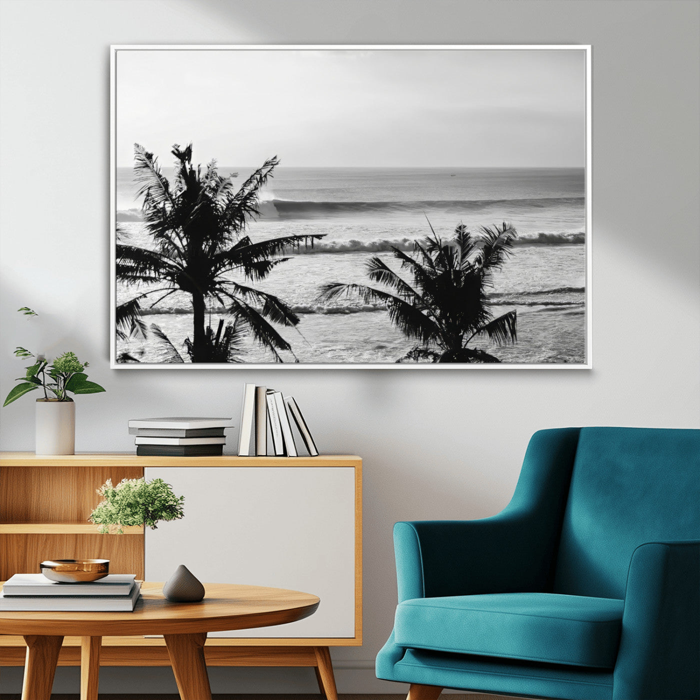 17508038-MGV-CV-36X24-Tropical Coastline Wall Art Canvas Print, Framed Palm Trees Art Picture Print, Ocean Waves Perfect Minimalist Coastal Decor