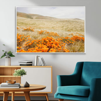28972262-MGV-CV-36X24-Golden Wildflowers Wall Art Canvas Print, Framed Hills Bloom Art Picture Print, Poppy Meadow Perfect Rustic Nature Decor Artwork