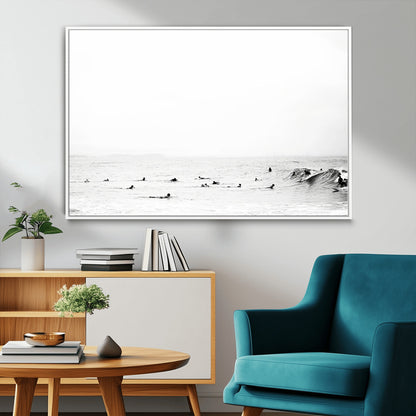 38441169-MGV-FC-36X24_White-Monochrome Swimming Wall Art Canvas Print, Framed Ocean Horizon Art Picture Print, Moody Coastal Perfect Minimalist Coastal Decor
