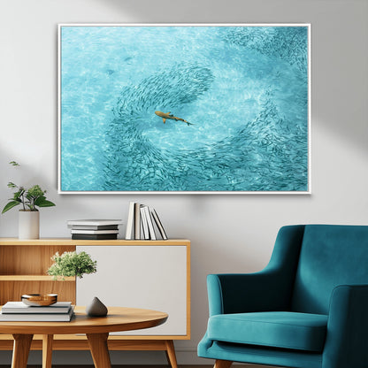 43671474-MGV-CV-36X24-Fish Swarm Wall Art Canvas Print, Framed Marine Life Art Picture Print, Shark Aerial Perfect Wildlife Coastal Decor Artwork