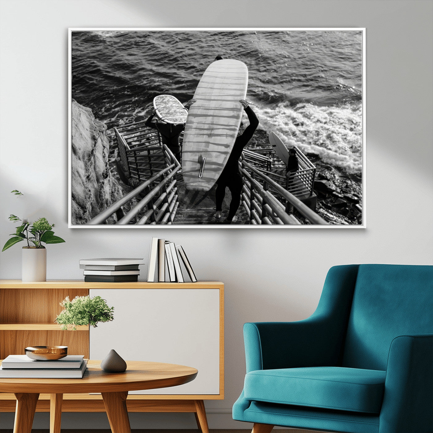 32353707-MGV-CV-36X24-Black White Surfing Wall Art Canvas Print, Framed Coastal Surfing Art Picture Print, Wave Riders Perfect Coastal Adventure Decor