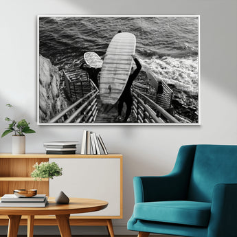 32353707-MGV-CV-36X24-Black White Surfing Wall Art Canvas Print, Framed Coastal Surfing Art Picture Print, Wave Riders Perfect Coastal Adventure Decor