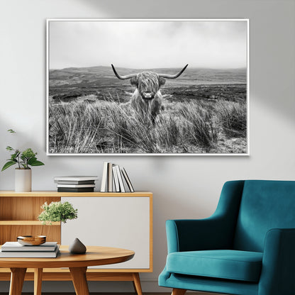 24051061-MGV-CV-36X24-Monochrome Highland Cow Wall Art Canvas Print, Framed Scottish Bull Art Picture Print, Lone Cattle Perfect Rustic Farmhouse Decor