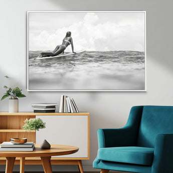69798068-MGV-FC-36X24_White-Black White Surfing Wall Art Canvas Print, Framed Ocean Horizon Art Picture Print, Surfer Girl Perfect Coastal Adventure Decor