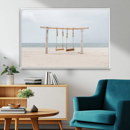 68327283-MGV-FC-36X24_White-Beach Swing Wall Art Canvas Print, Framed Quiet Beach Art Picture Print, Calm Shoreline Perfect Bohemian Coastal Decor Artwork