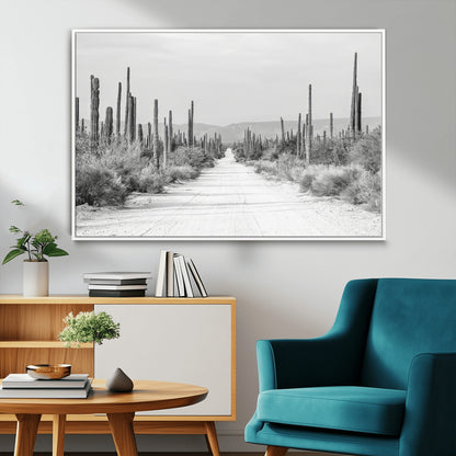35537313-MGV-CV-36X24-Monochrome Desert Wall Art Canvas Print, Framed Cactus Path Art Picture Print, Southwestern Landscape Perfect Southwestern