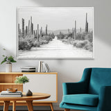 35537313-MGV-FC-36X24_White-Monochrome Desert Wall Art Canvas Print, Framed Cactus Path Art Picture Print, Southwestern Landscape Perfect Southwestern