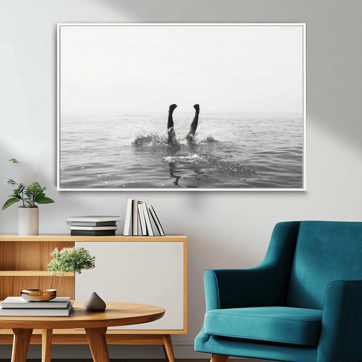 26667396-MGV-CV-36X24-Black White Ocean Wall Art Canvas Print, Framed Monochrome Water Art Picture Print, Diving into Water Perfect Minimalist Aquatic