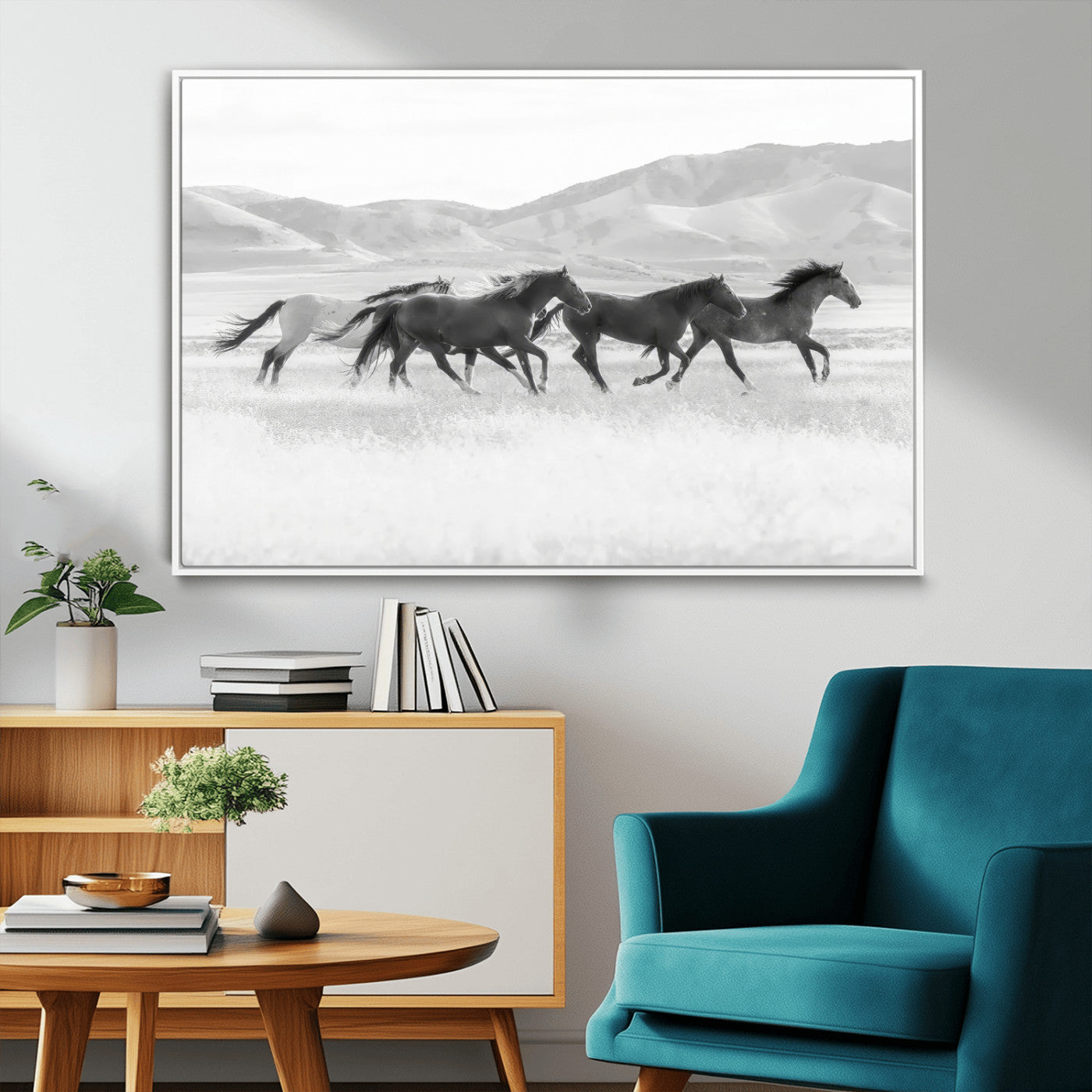 69934913-MGV-CV-36X24-Wild Horses Running Wall Art Canvas Print, Framed Black White Mustangs Art Picture Print, Rustic Western Perfect Rustic Western