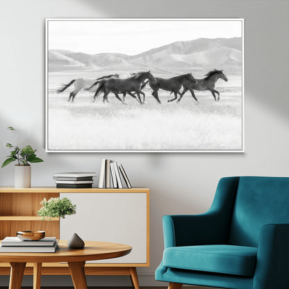 69934913-MGV-CV-36X24-Wild Horses Running Wall Art Canvas Print, Framed Black White Mustangs Art Picture Print, Rustic Western Perfect Rustic Western