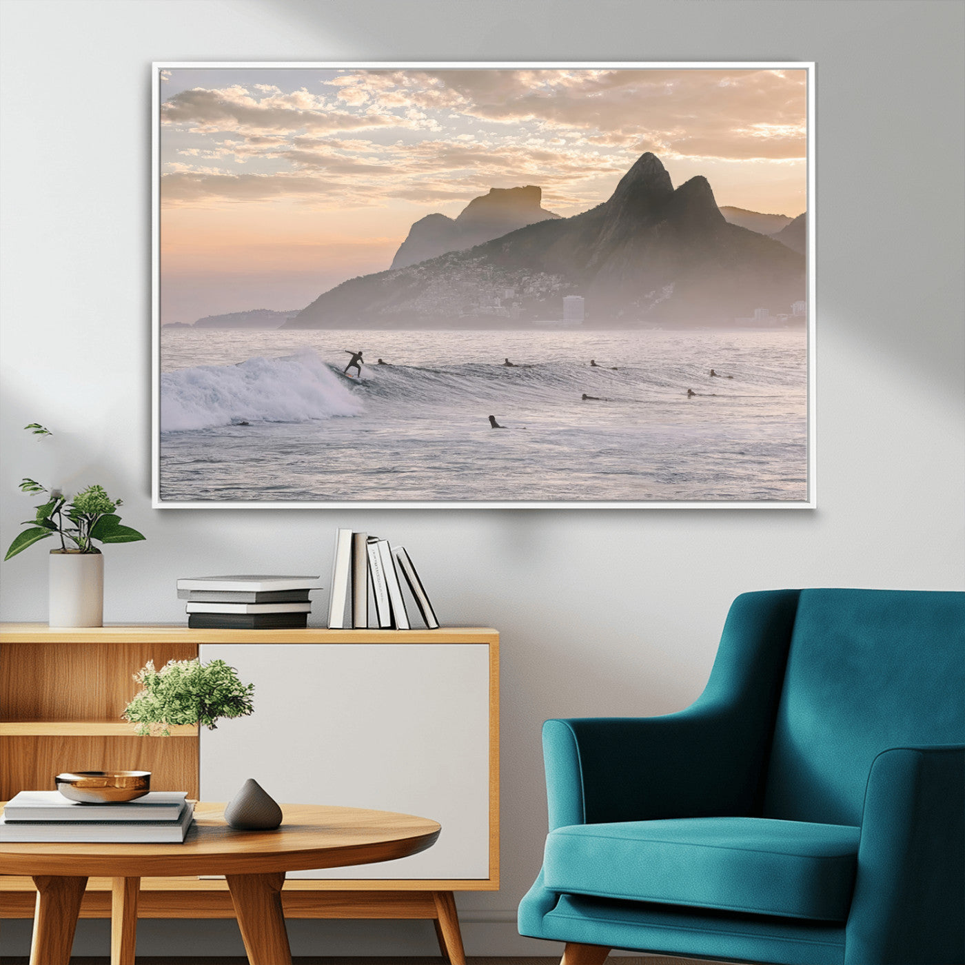 70644906-MGV-CV-36X24-Sunset Surfing Wall Art Canvas Print, Framed Misty Mountains Art Picture Print, Surfer Riding Wave Perfect Coastal Adventure Decor