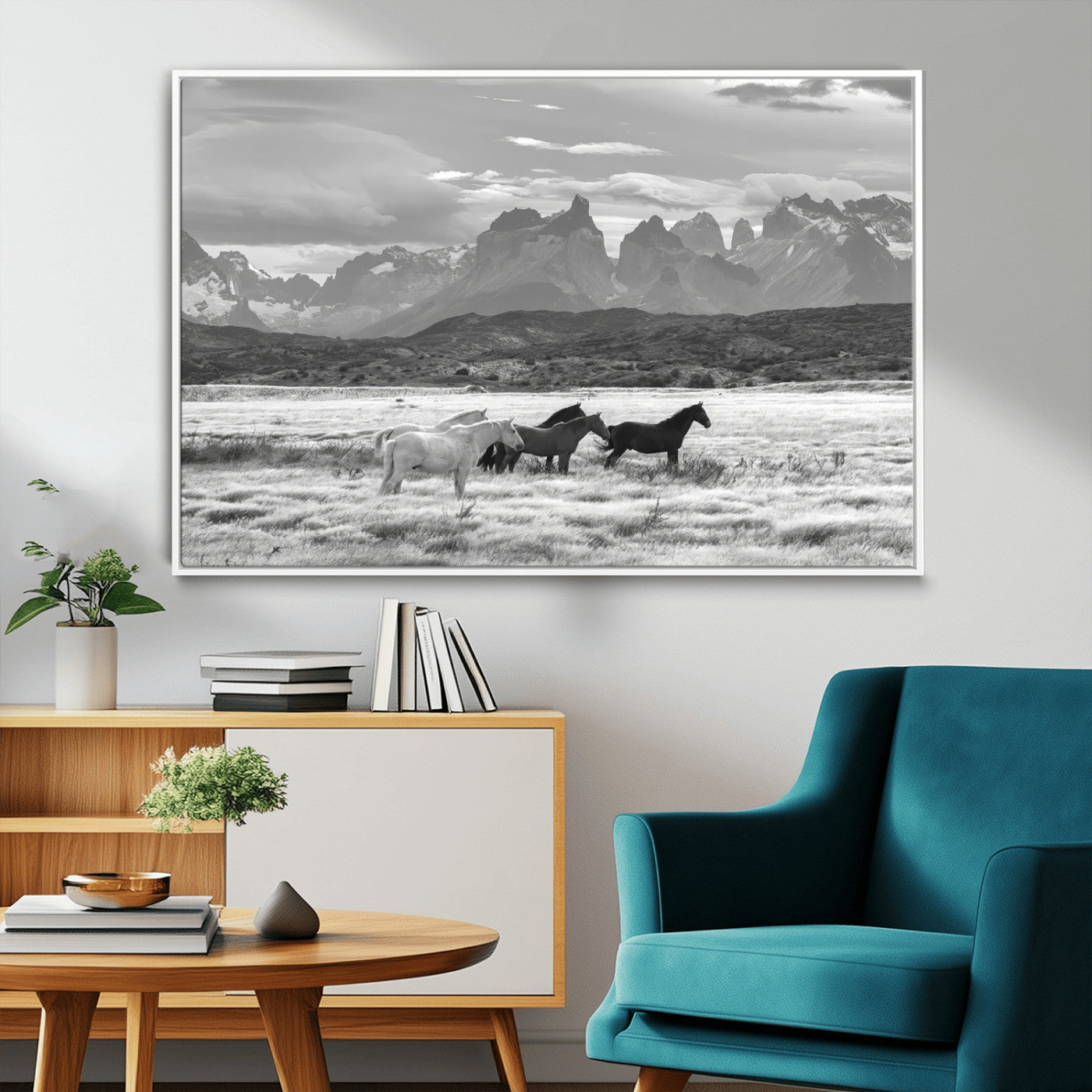 21655040-MGV-CV-36X24-Wild Horses Wall Art Canvas Print, Framed Black White Mountains Art Picture Print, Rustic Countryside Perfect Rustic Western Decor