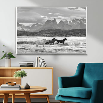 21655040-MGV-CV-36X24-Wild Horses Wall Art Canvas Print, Framed Black White Mountains Art Picture Print, Rustic Countryside Perfect Rustic Western Decor