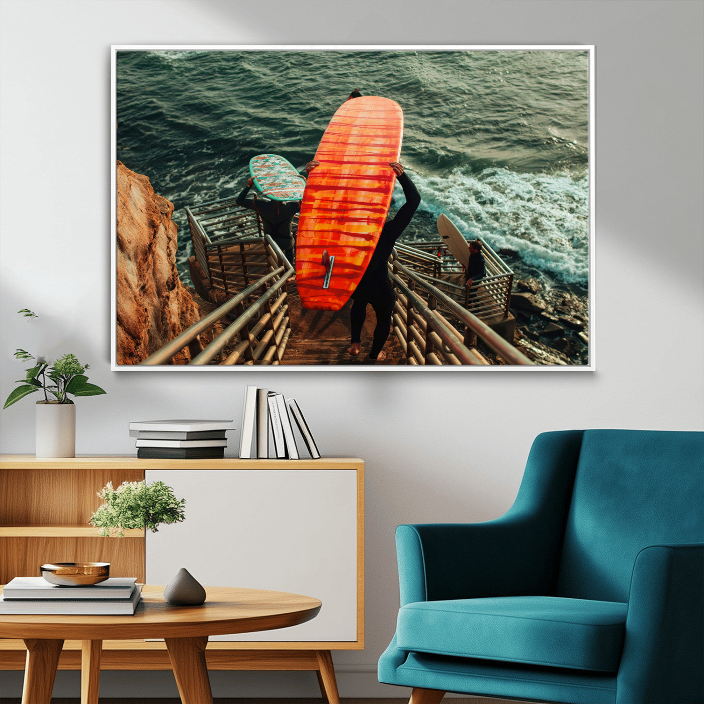 84555848-MGV-CV-36X24-Surfer Stairway Wall Art Canvas Print, Framed Ocean Surf Art Picture Print, Sunset Coastal Perfect Coastal Adventure Decor Artwork