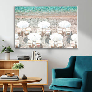 83736167-MGV-CV-36X24-Calm Beach Wall Art Canvas Print, Framed Turquoise Water Art Picture Print, Umbrella Shoreline Perfect Coastal Minimalist Decor