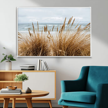 14270839-MGV-CV-36X24-Beach Grass Wall Art Canvas Print, Framed Coastal Dunes Art Picture Print, Dune Grass Perfect Coastal Minimalist Decor Artwork