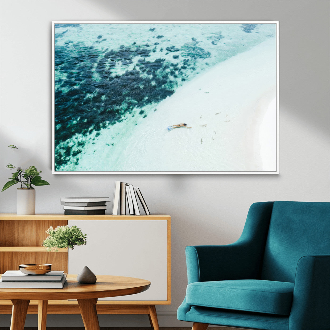 33764764-MGV-CV-36X24-Minimal Beach Wall Art Canvas Print, Framed Ocean Swimming Art Picture Print, Clear Ocean Perfect Minimal Coastal Decor Artwork