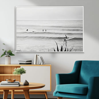 33821421-MGV-CV-36X24-Surfer Silhouette Wall Art Canvas Print, Framed Calm Ocean Art Picture Print, Monochrome Surf Perfect Minimalist Coastal Decor