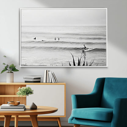 33821421-MGV-CV-36X24-Surfer Silhouette Wall Art Canvas Print, Framed Calm Ocean Art Picture Print, Monochrome Surf Perfect Minimalist Coastal Decor