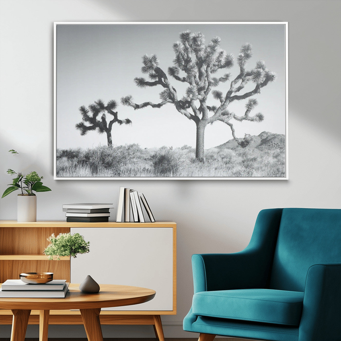 29996209-MGV-FC-36X24_White-Joshua Tree Art Wall Art Canvas Print, Framed Black White Landscape Art Picture Print, Desert Tree Decor Perfect Southwestern Boho
