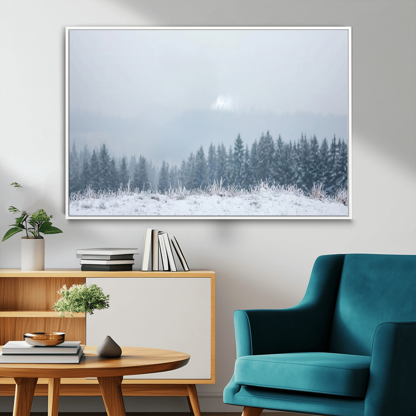 33033082-MGV-FC-36X24_White-Winter Forest Art Wall Art Canvas Print, Framed Snowy Landscape Art Picture Print, Misty Tree Scene Perfect Nordic Minimalist