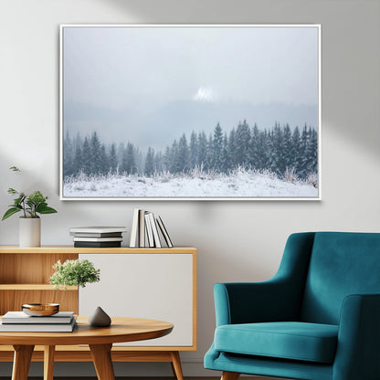 33033082-MGV-FC-36X24_White-Winter Forest Art Wall Art Canvas Print, Framed Snowy Landscape Art Picture Print, Misty Tree Scene Perfect Nordic Minimalist