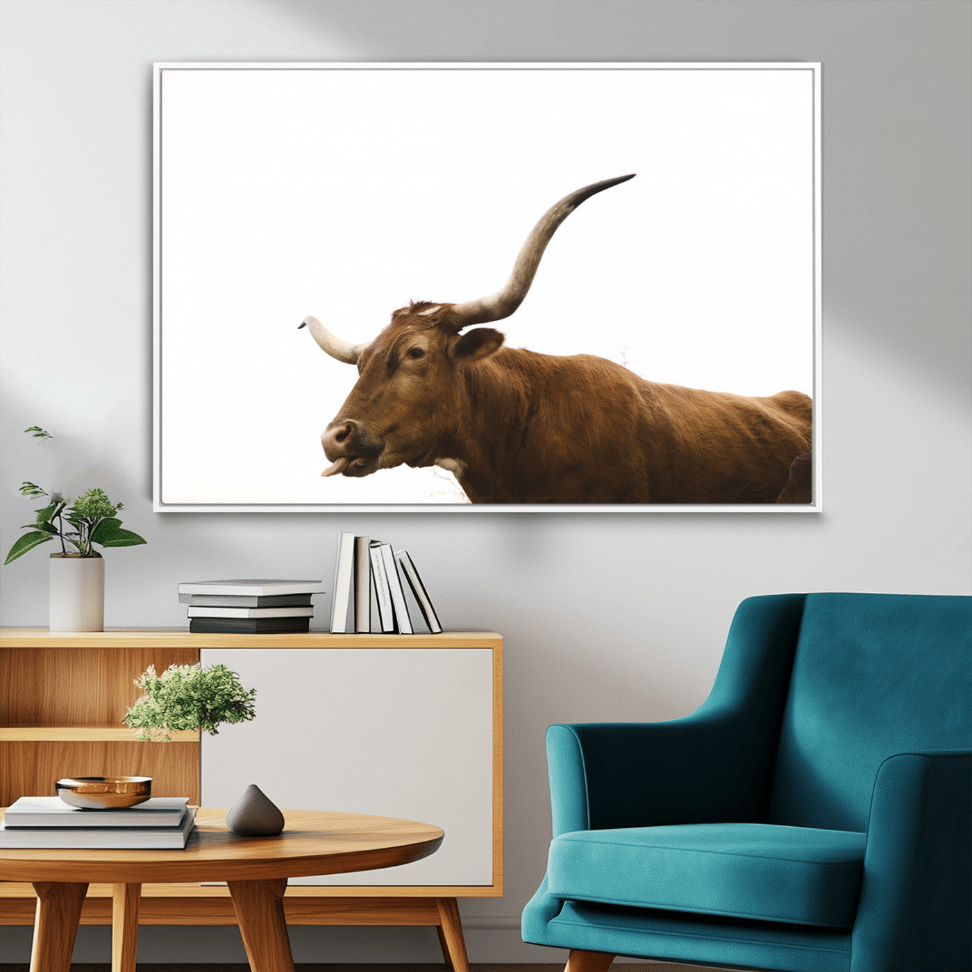 62566114-MGV-CV-36X24-Longhorn Cow Art Wall Art Canvas Print, Framed Rustic Animal Decor Art Picture Print, Texas Bull Photo Perfect Rustic Farmhouse
