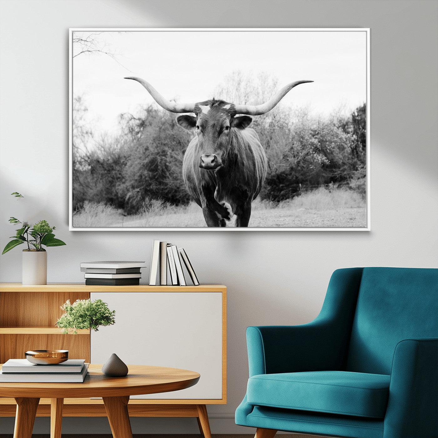 97280319-MGV-CV-36X24-Longhorn Photography Wall Art Canvas Print, Framed Western Cow Decor Art Picture Print, Texas Ranch Style Perfect Rustic Farmhouse