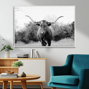 97280319-MGV-CV-36X24-Longhorn Photography Wall Art Canvas Print, Framed Western Cow Decor Art Picture Print, Texas Ranch Style Perfect Rustic Farmhouse