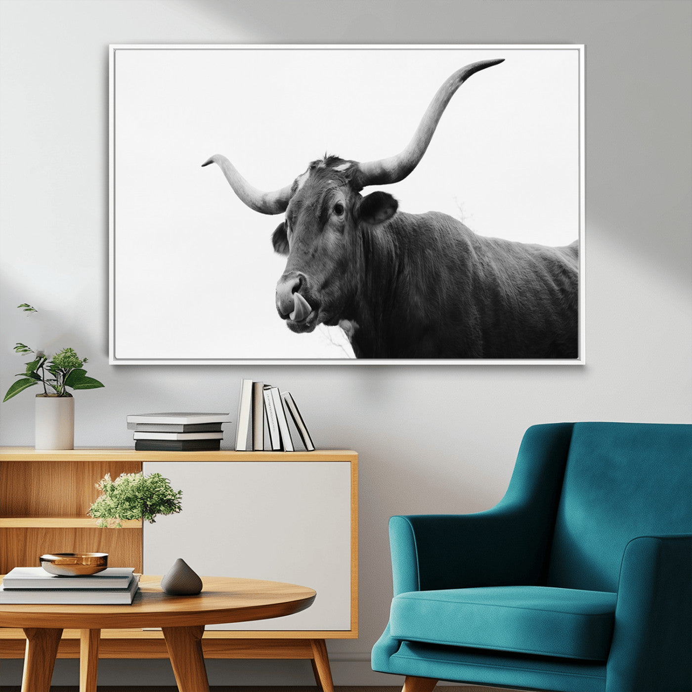99244177-MGV-FC-36X24_White-Longhorn Photography Wall Art Canvas Print, Framed Western Cow Decor Art Picture Print, Black White Bull Perfect Modern Rustic