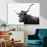 99244177-MGV-FC-36X24_White-Longhorn Photography Wall Art Canvas Print, Framed Western Cow Decor Art Picture Print, Black White Bull Perfect Modern Rustic