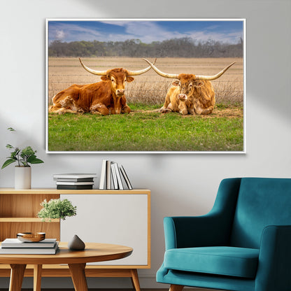 97244565-MGV-FC-36X24_White-Longhorn Duo Wall Art Canvas Print, Framed Cozy Ranch Vibes Art Picture Print, Western Ranch Decor Perfect Rustic Farmhouse Decor