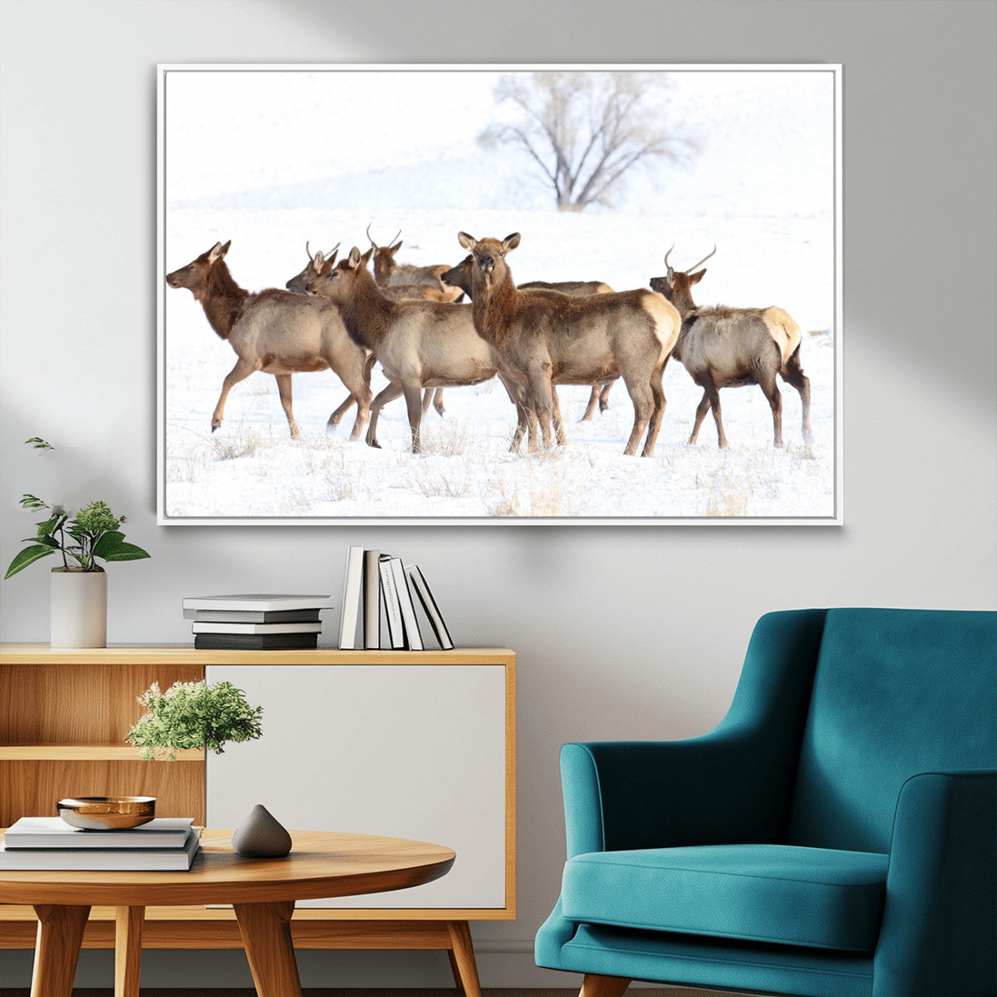 68738684-MGV-CV-36X24-Winter Elk Scene Wall Art Canvas Print, Framed Wildlife Photography Art Picture Print, Snowy Deer Decor Perfect Rustic Lodge Decor