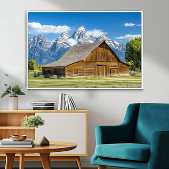 75948467-MGV-CV-36X24-Mountain Barn Scene Wall Art Canvas Print, Framed Rustic Farmhouse Style Art Picture Print, Country Cabin Decor Perfect Rustic