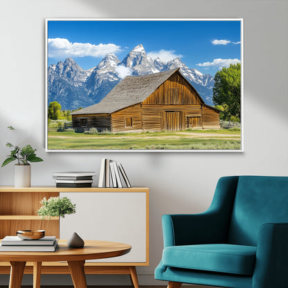 75948467-MGV-CV-36X24-Mountain Barn Scene Wall Art Canvas Print, Framed Rustic Farmhouse Style Art Picture Print, Country Cabin Decor Perfect Rustic