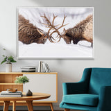 36507609-MGV-CV-36X24-Elk Clash Scene Wall Art Canvas Print, Framed Wildlife Strength Decor Art Picture Print, Snowy Forest Elk Perfect Rustic Lodge